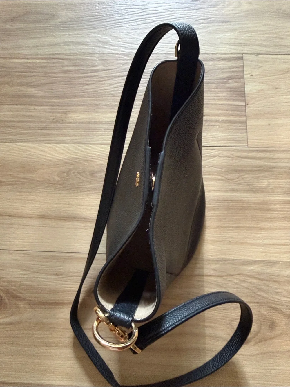 Tory Burch Black Pebbled Leather Bucket Crossbody with Gold Logo